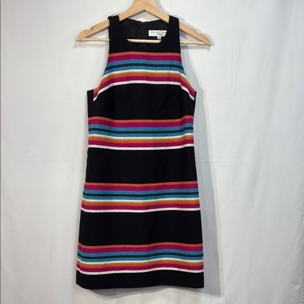 🪼 Trina Turk, multi stripes on black Sheath Mini Dress Sleeveless Halter